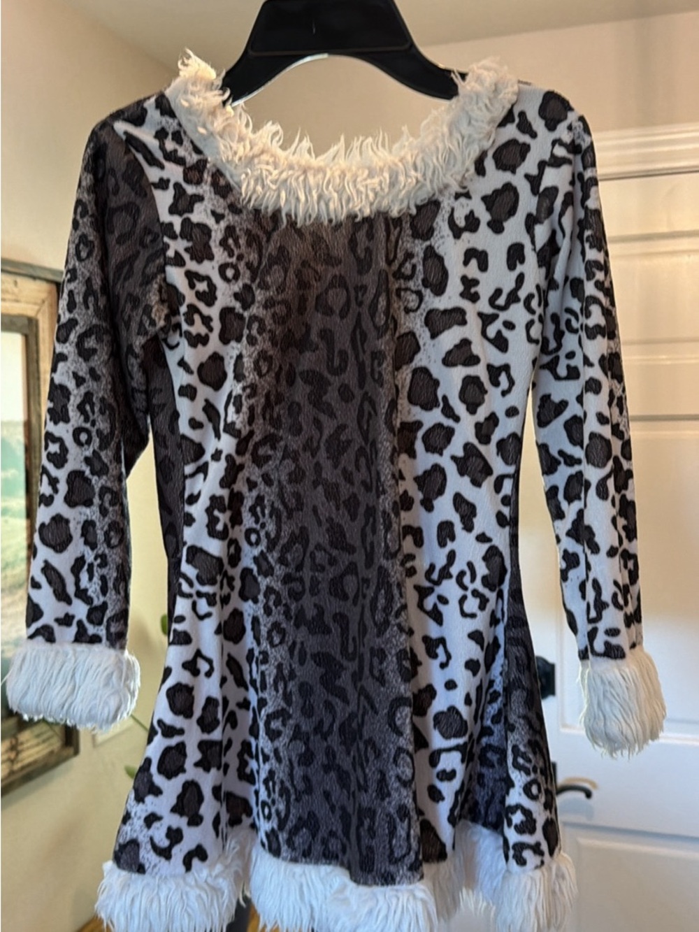 Girls' Black and White Leopard Print Dress with Faux Fur Trim